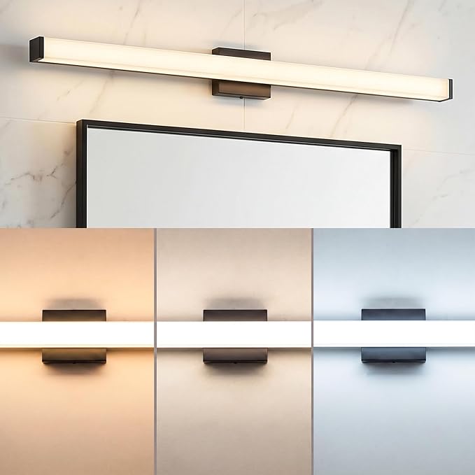 URSOLA 48" Modern LED Bathroom Light Fixtures, Matte Black 3CCT Dimmable Bathroom Vanity Light Over Mirror, Bathroom Vanity Bath Bar Lights with Double Layer Acrylic Shade