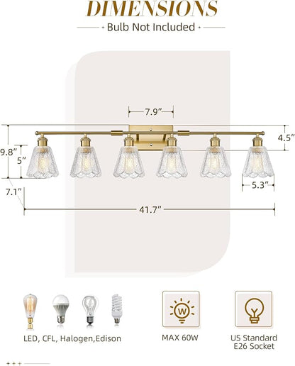 HWH INVESTMENT Bathroom Light Fixtures, 6-Light Brushed Gold Vanity Lights for Bathroom with Clear Floral Glass Shade, 41 inch Bathroom Vanity Lights Over Mirror for Bedroom, 5HJX110B-6W BG
