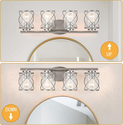 4-Lights Bathroom Vanity Lights, Bathroom Light Fixtures Over Mirror, Brushed Nickel Vanity Light, Farmhouse Wall Lights with Clear Glass Shade, Bathroom Wall Lamp for Mirror Kitchen Bedroom