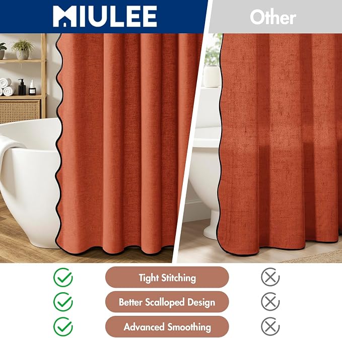 MIULEE 84" Long Burnt Orange Scalloped Linen Shower Curtain 72W x 84L | 12 metal hooks, Linen scalloped, waterproof washable, thick heavy cloth, black border, boho farmhouse, bathroom hotel use