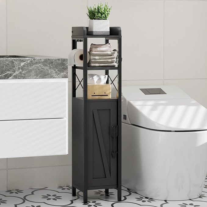 VECELO Small Bathroom Storage Cabinet, Slim Toilet Paper Holder with Shelves & Metal Racks, Organizer Cabinet for Narrow Spaces, Matte Black, Farmhouse Style