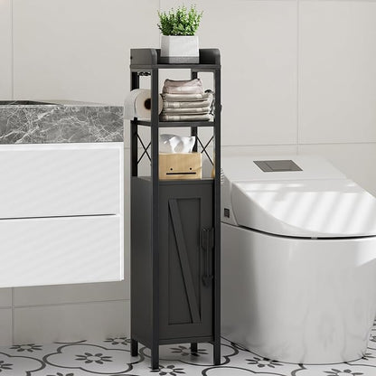 VECELO Small Bathroom Storage Cabinet, Slim Toilet Paper Holder with Shelves & Metal Racks, Organizer Cabinet for Narrow Spaces, Matte Black, Farmhouse Style
