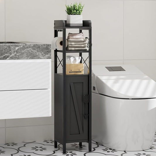 VECELO Small Bathroom Storage Cabinet, Slim Toilet Paper Holder with Shelves & Metal Racks, Organizer Cabinet for Narrow Spaces, Matte Black, Farmhouse Style