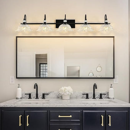 Black Bathroom Vanity Light, 5-Light Vanity Light with Crystal Glass Shades, Vintage Farmhouse Vanity Lighting for Bathroom and Dressing Table