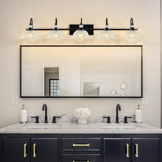 Black Bathroom Vanity Light, 5-Light Vanity Light with Crystal Glass Shades, Vintage Farmhouse Vanity Lighting for Bathroom and Dressing Table