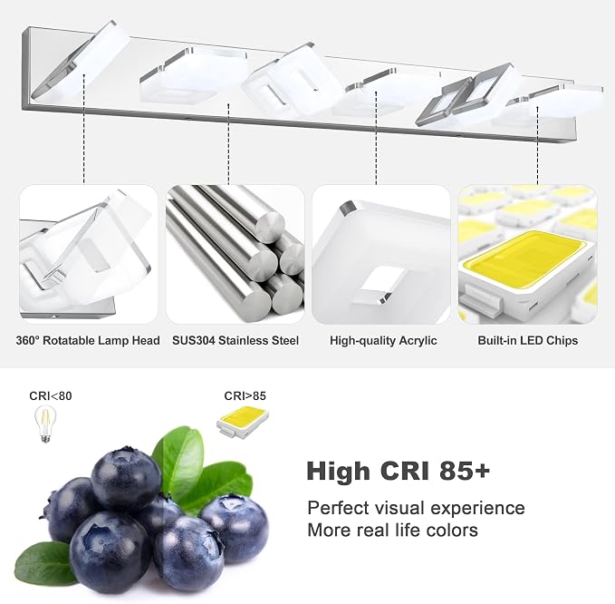 GOODATE 3 Colors Dimmable Bathroom Light Fixtures Over Mirror, LED Chrome Vanity Lights, Acrylic Stainless Steel 6 Light Bathroom Vanity Light, Adjustable 3000K/4000K/6000K, 360° Rotate