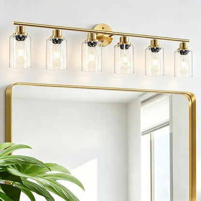 6-Light E26 Gold Bathroom Vanity Lights, Modern Bathroom Light Fixtures with Clear Glass Shade, Wall Lamps for Mirror Hallway Kitchen Cabinet Living Room Sconces Lights