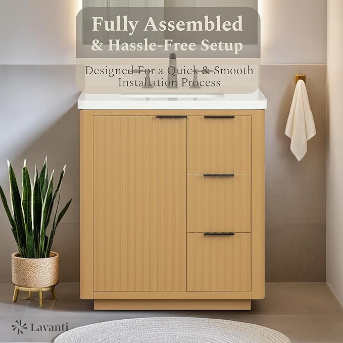 Lavanti Wooderna 30 Inch Bathroom Vanity with Sink – Stylish Firwood Oak Vanity Bathroom with Storage Cabinet – Modern Bathroom Vanities with Single Vanity Sink & Quartz Countertop