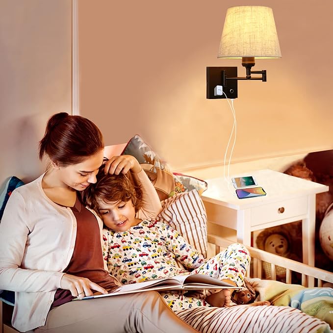Bedside Wall Mount Light with Dimmable Switch and Outlet, Swing Arm Fabric Shade Wall Sconce Light with USB Port and Plug in Cord, Black Wall Lamp for Bedroom, Living Room and Hotel