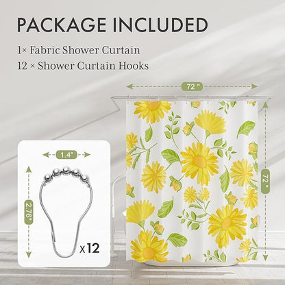 AmazerBath Floral Shower Curtain, Washable Cloth Shower Curtain Sets with 12 Shower Curtain Hooks, Fabric Rustic Yellow Gerbera Flower Eucalyptus Fall Shower Curtains for Bathroom Decor, 72x72 Inches