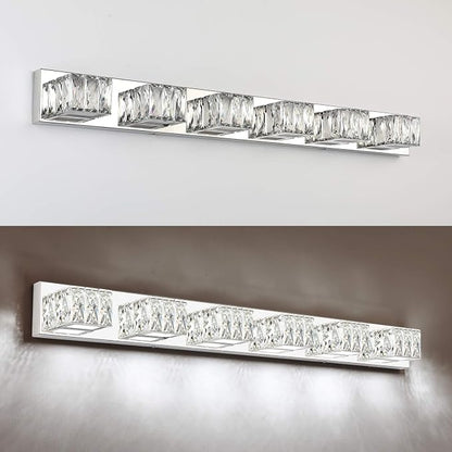 6-Light Bathroom Vanity Lights - LED Chrome Bathroom Lighting Fixtures Over Mirror - 36W Modern Vanity Lights for Bath Wall - Crystal Vanity Light Bar Cool White Light