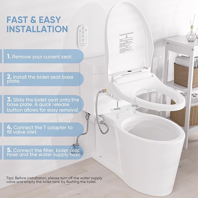 LEIVI Electric Bidet Toilet Seat with Wireless Remote and Side Panel, Multiple Spray Modes, Adjustable Heated Seat, Warm Water and Air Dryer, Auto LED Nightlight, Round