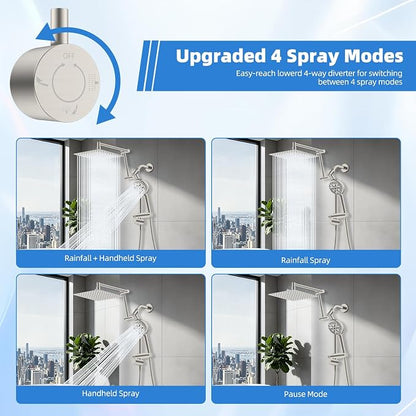 Metal 10" Rain Shower Head with Handheld, 10-Mode with Filter, Easy Reach | Brushed Nickel, High-Pressure Rainfall Showerhead, 4-Way Diverter Pause Mode, Adjustable 16" Extension Arm/71" Hose/Holder