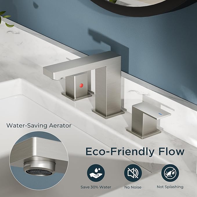 FORIOUS Brushed Nickel Bathroom Faucet 3 Hole, 8 Inch Widespread Square Bathroom Sink Faucet with Metal Pop-Up Drain and cUPC Supply Lines Included for Restroom, Lavatory, Basin, Restroom and Mall