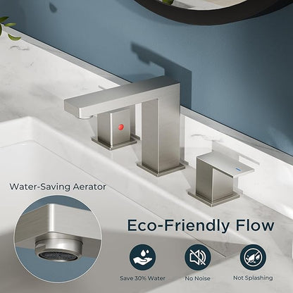 FORIOUS Brushed Nickel Bathroom Faucet 3 Hole, 8 Inch Widespread Square Bathroom Sink Faucet with Metal Pop-Up Drain and cUPC Supply Lines Included for Restroom, Lavatory, Basin, Restroom and Mall