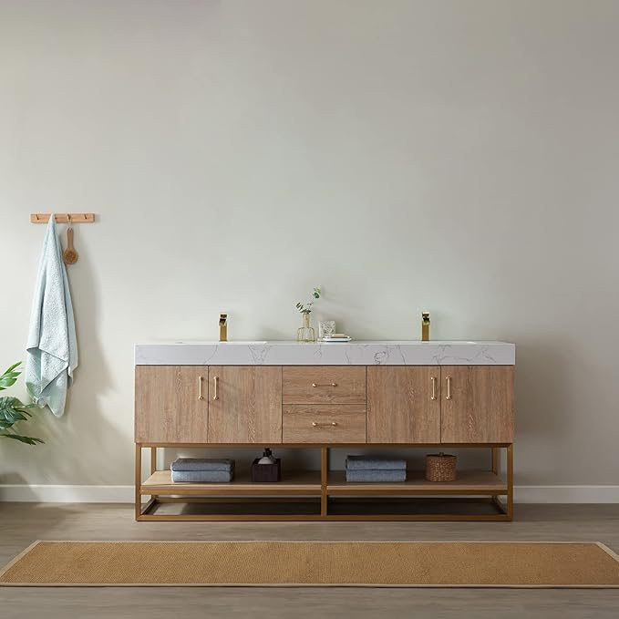 Vinnova Alistair 72" Double Sink Bathroom Vanity in North American Oak, Pre-assembled, with White Grain Stone Countertop Without Mirror