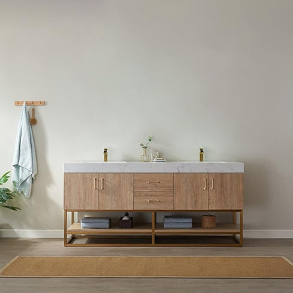 Vinnova Alistair 72" Double Sink Bathroom Vanity in North American Oak, Pre-assembled, with White Grain Stone Countertop Without Mirror