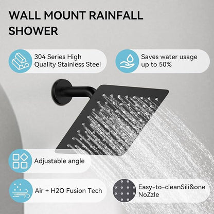 Thermostatic Shower System,Shower Faucet Set,12 Inch Ceiling Mounted and 6 Inch Wall Mount Rain Shower Head with 2 in 1 Handhled,Push Button Diverter Dual Shower Head Combo Set Matte Black