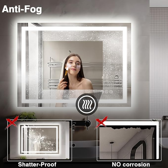 EchosLife 40"x30" LED Lights Bathroom Mirror | Backlit + Front Lit, Anti-Fog, Stepless Dimmable, 3 Colors, Memory, Tempered Glass, UL Listed, Horizontal/Vertical