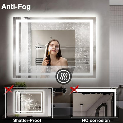 EchosLife 40"x30" LED Lights Bathroom Mirror | Backlit + Front Lit, Anti-Fog, Stepless Dimmable, 3 Colors, Memory, Tempered Glass, UL Listed, Horizontal/Vertical