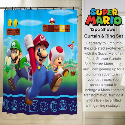 Super Mario 13-Piece Shower Curtain Set, 72 x 72 Inch Fabric Curtain with Hooks, Bathroom Decor, Machine Washable, (100% Officially Licensed Product) by Franco Collectibles