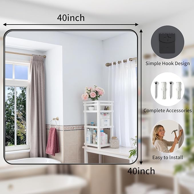 Bathroom Mirror 40"x40" Matte Black Rectangle Bathroom Wall Mirror for Over Sink, Modern Large Vanity Mirror, HD Tempered Glass, Anti-Rust Aluminum Alloy Frame, for Living Room, Bedroom, Entryway