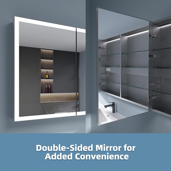 LED Medicine Cabinet 48x30 Anti-Fog Mirror Dimmable Recessed Mount | 3 Color Dimmable LED. Time Temp Display. Anti-Fog IP44. 2 Outlets+2 USB. Plug-in/Hardwired. Recessed/Wall Mount
