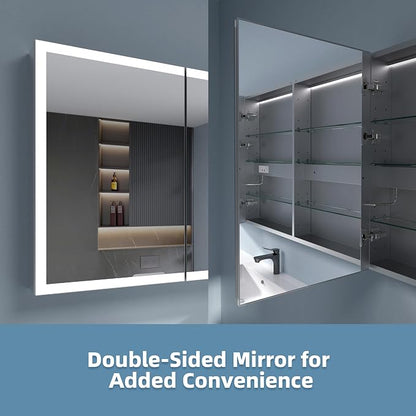 LED Medicine Cabinet 48x30 Anti-Fog Mirror Dimmable Recessed Mount | 3 Color Dimmable LED. Time Temp Display. Anti-Fog IP44. 2 Outlets+2 USB. Plug-in/Hardwired. Recessed/Wall Mount