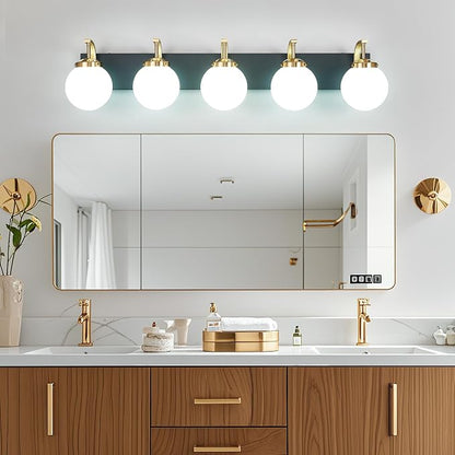 5-Light Bathroom Vanity Light Fixtures Sand Black Gold Vanity Lights Over Mirror Modern Wall Sconce with Milk White Glass Globe Lampshade for Lving Room Dining Room Corridor Powder Room