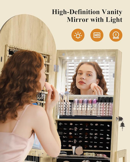 LVSOMT LED Arched Mirror Jewelry Cabinet Standing, Lockable Jewelry Armoire | 360° Swivel Full-Length Mirror with Storage, Large Jewelry Organizer Mirror, Foldable Makeup Shelf, Gift for Women, Wood