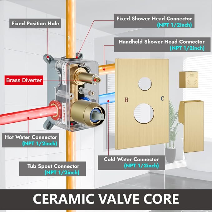 Midanya Shower System with Tub Spout,10 Inch Shower Head,Brushed Gold | with Valve & Trim Kit,Square Rain Head,Handheld Sprayer,Waterfall Spout,All Metal Wall Mount Bathroom Shower Tub Faucet Set