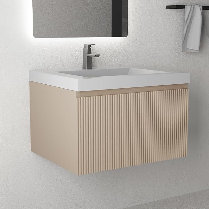 24 Inch Floating Bathroom Vanity with Sink, Wall-Mounted Striped Storage Cabinet with Soft-Close Drawer, Glossy White Solid Surface Basin, Fully Assembled, Natural Oak Finish