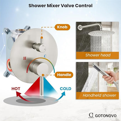 gotonovo Shower System 10 Inch Round Rainfall Showerhead Wall Mounted High Pressure Shower Faucet Set Fixture Combo with Rough in Valve and Cylindrical Handheld Spray, Brushed Nickel