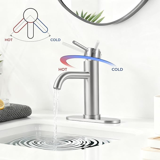 Bathroom Sink 1 Hole Single Handle Lever Faucets Stainless Steel | Pop Up Drain,Deck Plate,Flexible Hoses,1 or 3 Hole,Modern,for Vanity RV Bath Basin Wash Room Restroom Home,Brushed Nickel