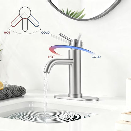 Bathroom Sink 1 Hole Single Handle Lever Faucets Stainless Steel | Pop Up Drain,Deck Plate,Flexible Hoses,1 or 3 Hole,Modern,for Vanity RV Bath Basin Wash Room Restroom Home,Brushed Nickel