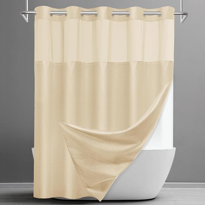SORTTO No Hook Shower Curtain with Snap in Liner Set Waffle Shower Curtain for Bathroom Hotel Style Fabric Waterproof Inner Liner，71" W x 74" H, Cream