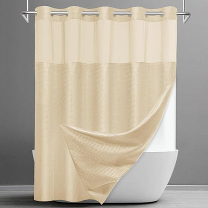 SORTTO No Hook Shower Curtain with Snap in Liner Set Waffle Shower Curtain for Bathroom Hotel Style Fabric Waterproof Inner Liner，71" W x 74" H, Cream