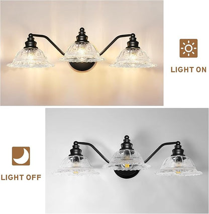 Redluck Vintage Bathroom Vanity Light Fixture, 3-Light Bathroom Lighting Fixtures Over Mirror, Matte Black Finish with Crystal Glass Shade, Wall Sconces Lighting for Bedroom, Living Room, Hallway