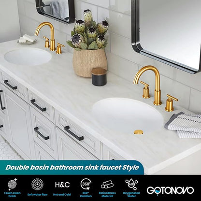 gotonovo 3 Hole 2 Handles Lavatory Basin Bathroom Sink Faucet with Pop Up Drain with Hot and Cold Mixer Valves 8 Inch Widespread Bathroom Faucet Dark Gold