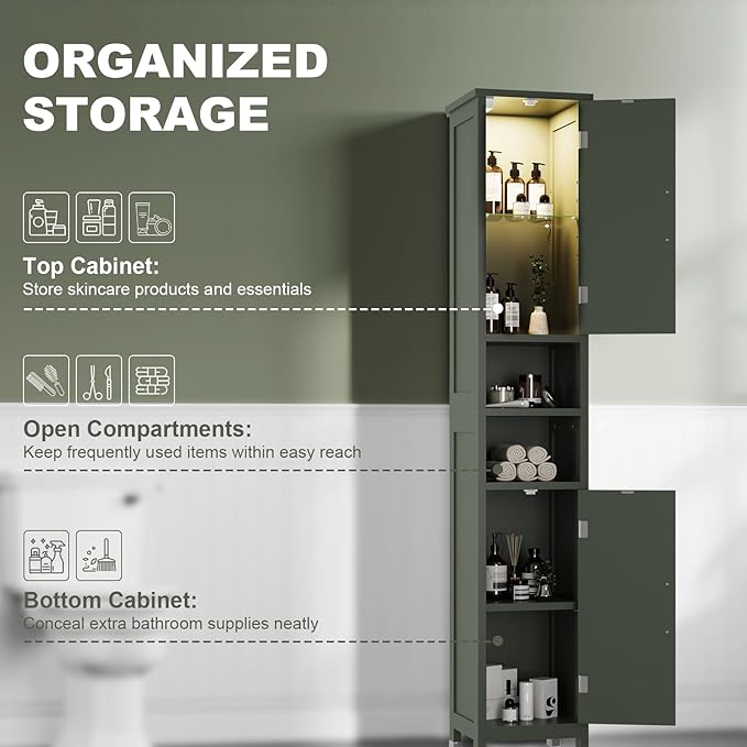 67" Tall Bathroom Storage Cabinet with Lights, Slim Narrow Bathroom Cabinet Organizer with Doors and Adjustable Shelves, Tall Cabinet for Small Space (66.9" Tall-Green with Light)