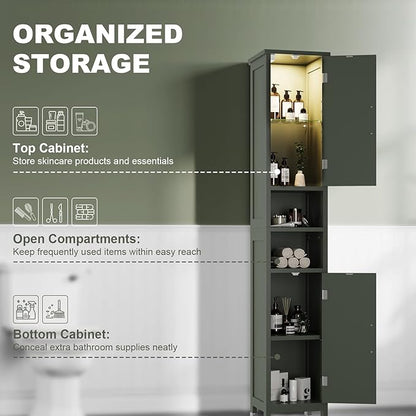 67" Tall Bathroom Storage Cabinet with Lights, Slim Narrow Bathroom Cabinet Organizer with Doors and Adjustable Shelves, Tall Cabinet for Small Space (66.9" Tall-Green with Light)