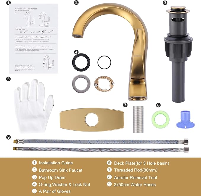 WOWOW Single Handle Bathroom Faucet 1 Hole High Arc Bathroom Basin Faucet Gold with Pop Up Drain, Solid Brass Commercial Bathroom Sink Faucet Basin Vanity Bar Faucet (Patented Product)