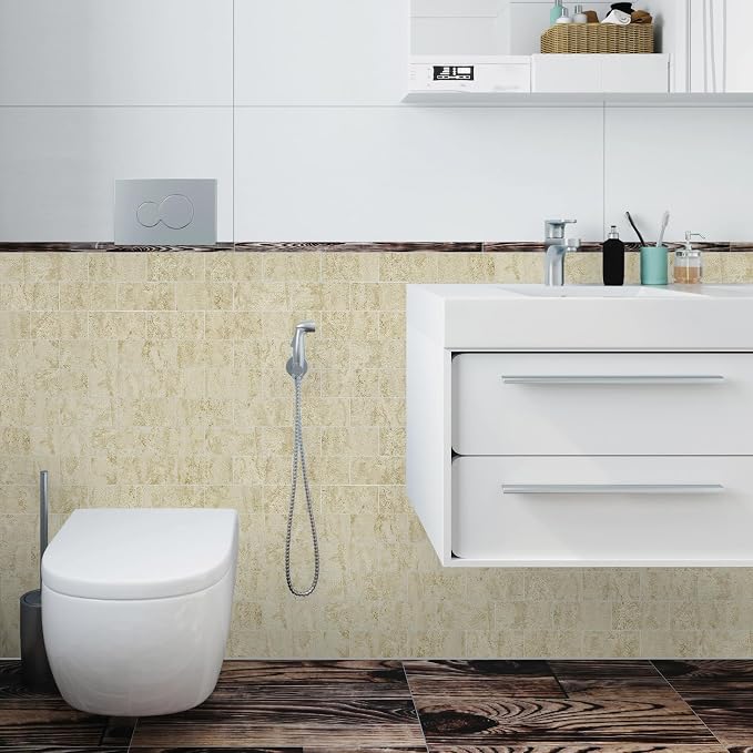 Vamos Tile 100-Piece Peel and Stick Backsplash Seamless Tile,3''x6'' Textured Beige Travertine with White Grout PVC Subway Tile,Stick on Backsplash for Kitchen/Bathroom/Laundry Room