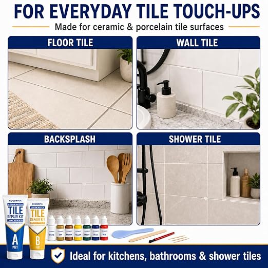Tile Repair Kit, Ceramic & Porcelain Tile Chips & Cracks Repair-Color Match | Strong-Bond Epoxy Filler for Floor, Wall & Shower Tile, Acrylic & Fiberglass; Repairs Holes, Chips, Cracks & Scratches