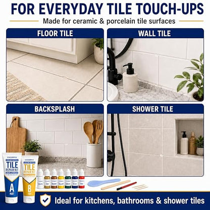 Tile Repair Kit, Ceramic & Porcelain Tile Chips & Cracks Repair-Color Match | Strong-Bond Epoxy Filler for Floor, Wall & Shower Tile, Acrylic & Fiberglass; Repairs Holes, Chips, Cracks & Scratches
