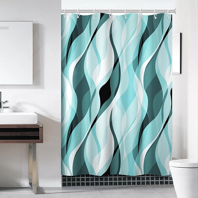 Teal Shower Curtain, Abstract Turquoise and Grey Striped Shower Curtain Set for Bathroom Waterproof Shower Curtain with Hooks, 54x72 Inch