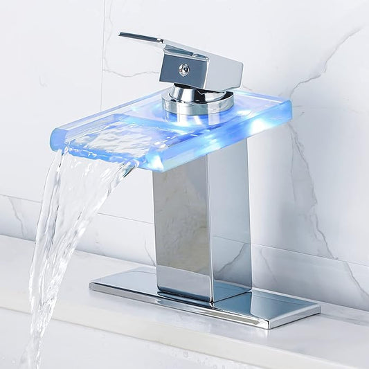 LED Bathroom Sink Faucet - Chrome Single Hole or 4 Inch Centerset Waterfall Faucet with Glass Spout and Temperature-Sensitive LED Lights, Includes Deck Plate