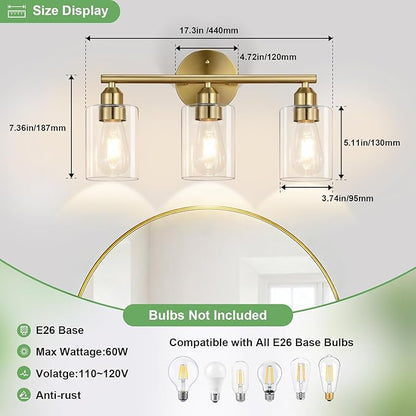 17.3'' Bathroom Gold Vanity Light Fixtures, Modern Wall Lamp for Mirror with Clear Glass Shade, 3-Light