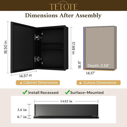 TETOTE 14 x 18 Medicine Cabinet with Tempered Beveled Mirror Black Aluminum Cabinet DTC Hinges, 2 Stepless Adjustable Shelves, Recessed/Surface-Mounted