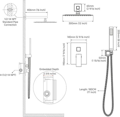 EMBATHER Black Shower System 12 Inches Shower Faucet Set with Square Rain Shower Head and Handheld For Bathroom, Matte Black Shower Combo Set Wall Mounted (Rough-in Valve & Trim Included)